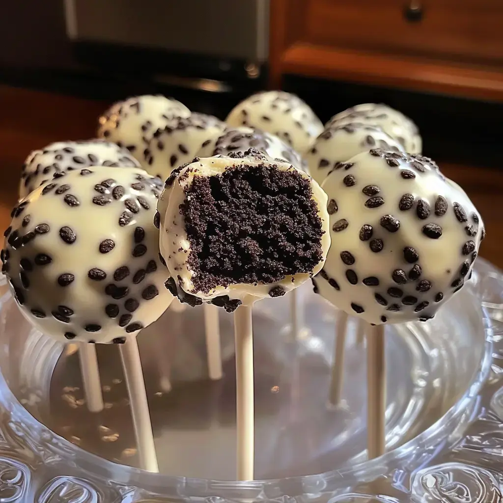 Gros plan sur des cake pops enrobées de chocolat blanc et parsemées de miettes noires, dont une coupée en deux montre l’intérieur chocolaté ultra moelleux.