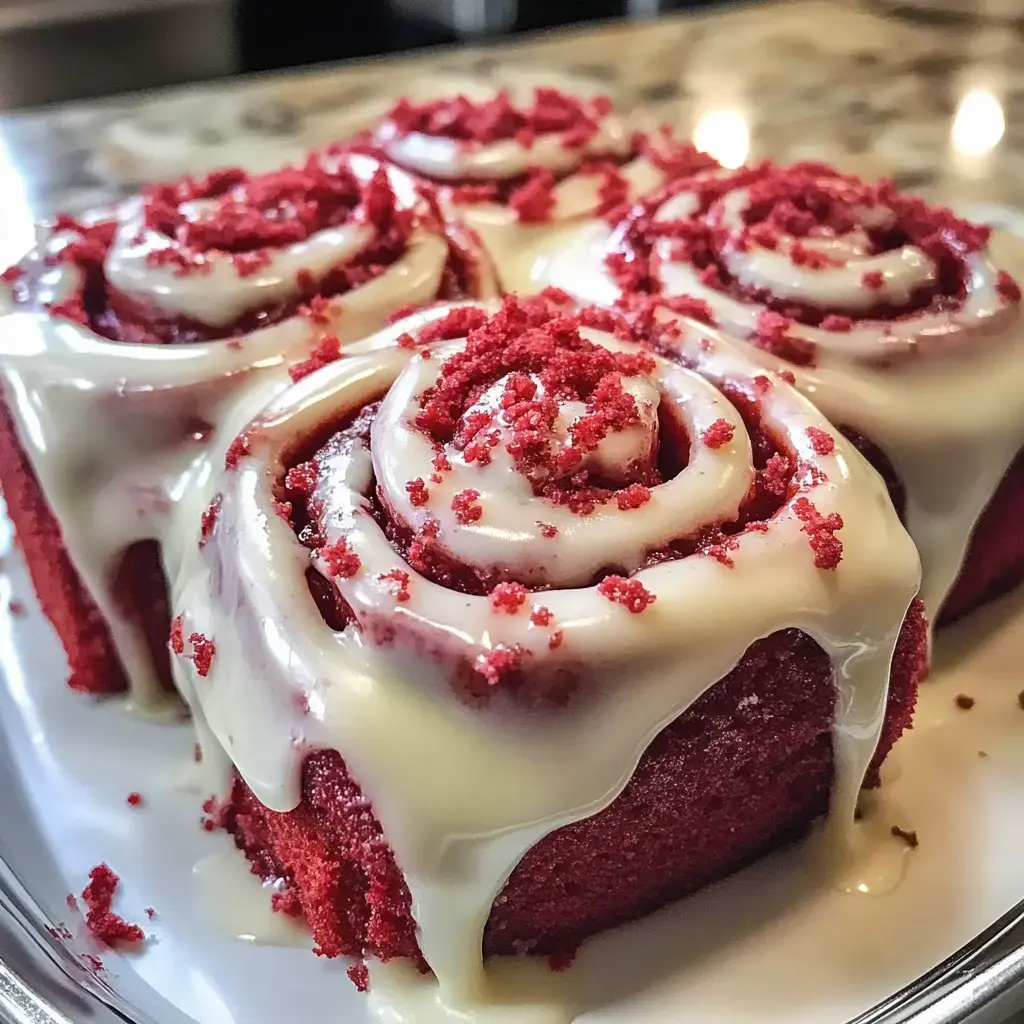 Gros plan sur des roulés red velvet nappés de glaçage blanc et parsemés de miettes rouges sur une assiette.