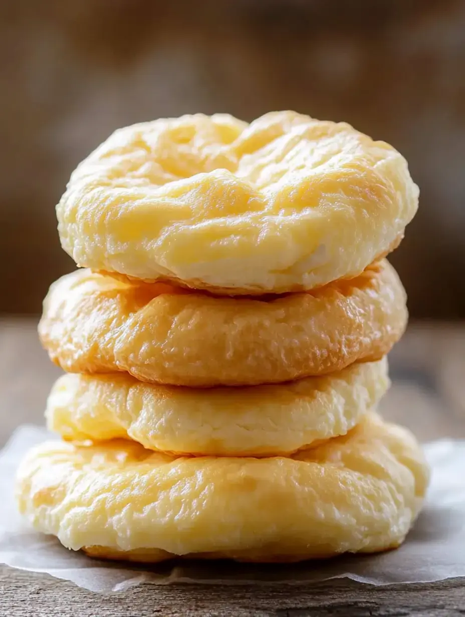 Une pile de quatre bagels moelleux faibles en glucides sur une surface en bois.