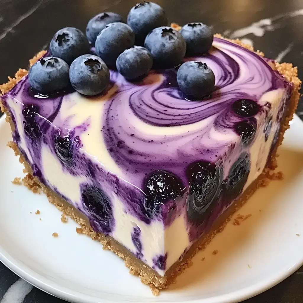 Une tranche de cheesecake aux tourbillons de myrtille garnie de myrtilles fraîches, posée sur une assiette blanche.
