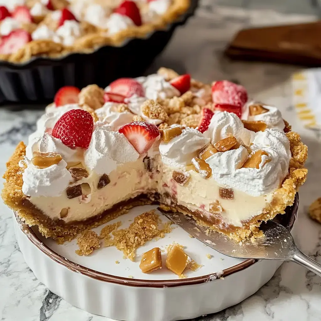 Une tarte à la crème aux fraises coupée avec de la crème fouettée et des éclats de caramel sur du marbre.