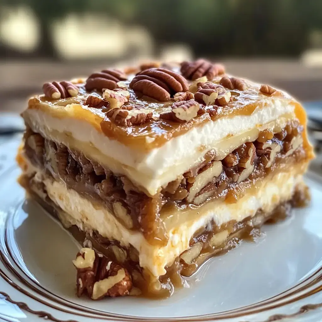 Une part de dessert en étages surmontée de pacanes, crème onctueuse et couches de caramel aux noix.