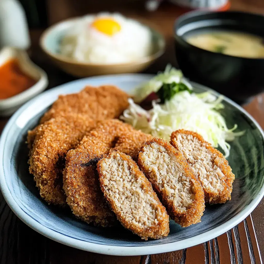 Une assiette de croquettes bien croustillantes servies avec du chou râpé, un bol de soupe miso et du riz surmonté d’un jaune d’œuf.