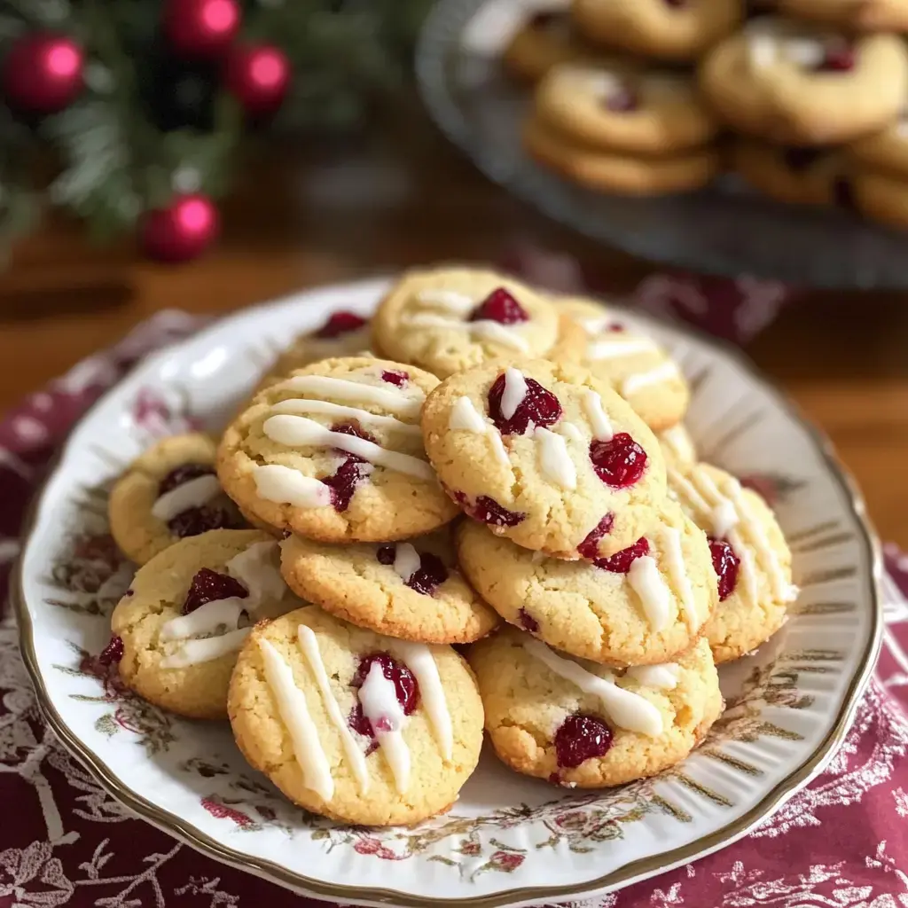 Une assiette de cookies dorés à la sortie du four avec des cranberries et un filet de glaçage blanc, posés sur une belle assiette fleurie.