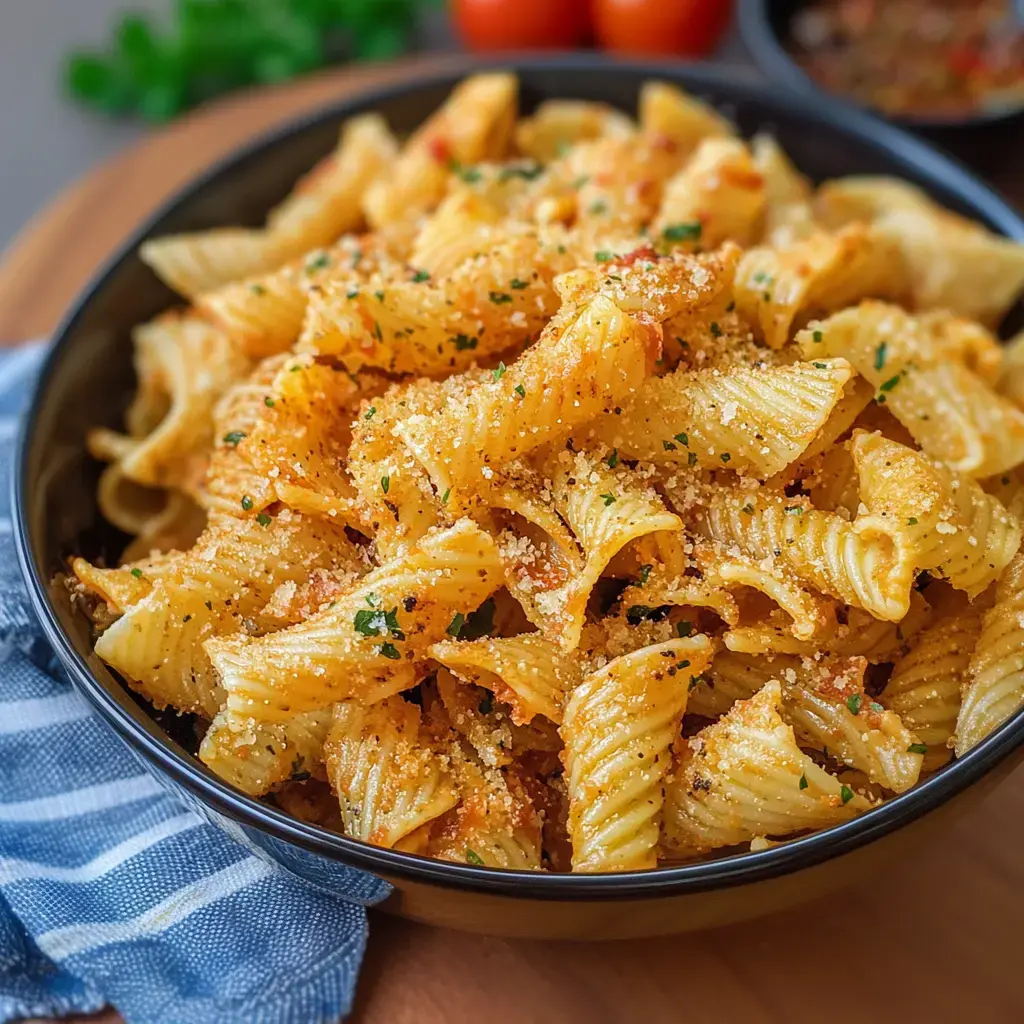 Gros plan sur un bol de pâtes croustillantes saupoudrées de fromage et d’herbes, avec une serviette à carreaux bleue et des tomates fraîches derrière.