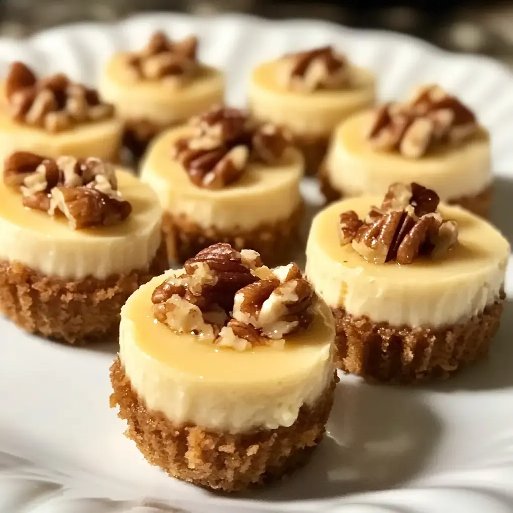 Une assiette de mini cheesecakes garnis de noix de pécan et d’un caramel brillant sur une base biscuitée.