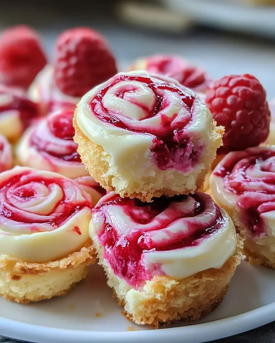 Une assiette de mini-gâteaux décorés d'un tourbillon de glaçage blanc et de coulis de framboise, garnis de framboises fraîches.