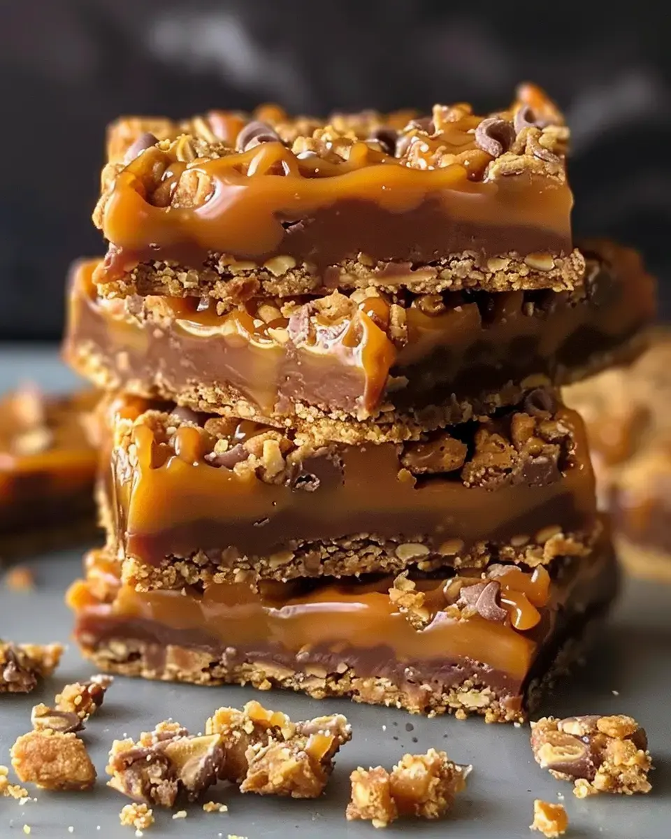 Une pile de carrés sucrés avec du caramel et du chocolat dessus, parsemés de morceaux de noisettes, sur un fond sombre.