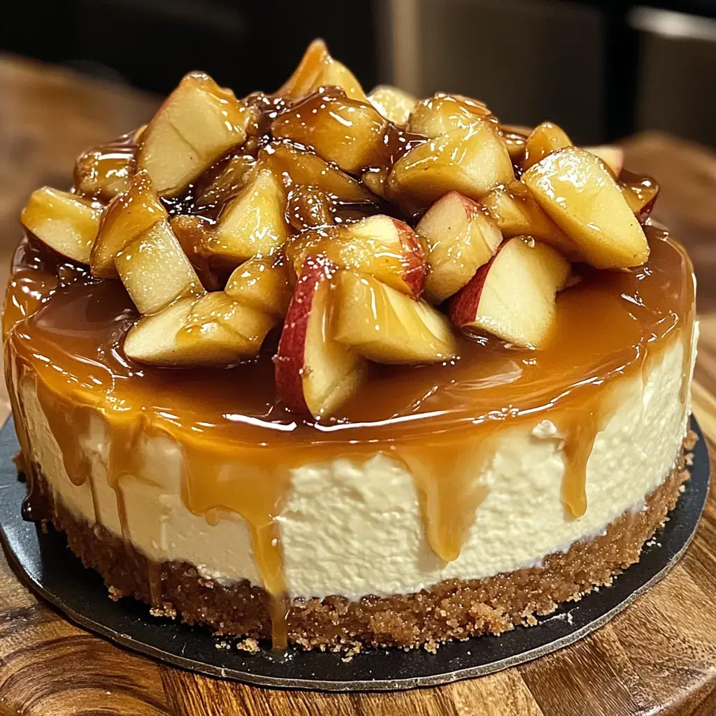 Un cheesecake avec caramel et quartiers de pommes posé sur une planche en bois.