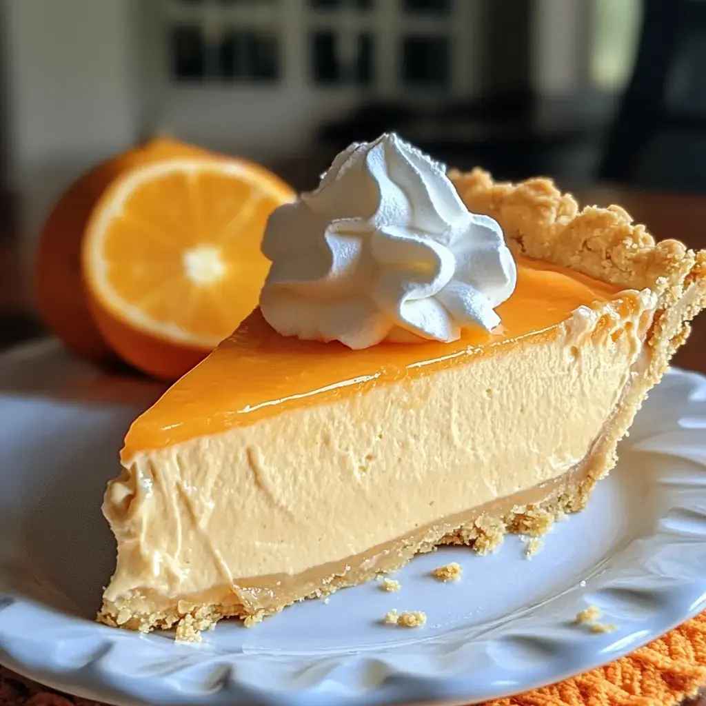 Une part de tarte crémeuse à l’orange recouverte de chantilly, avec un demi-orange derrière.