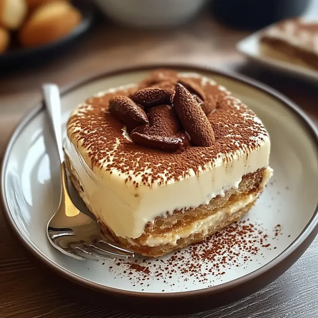Une part de tiramisu parsemée de cacao et de gourmandises au chocolat, posée sur une assiette avec une fourchette.