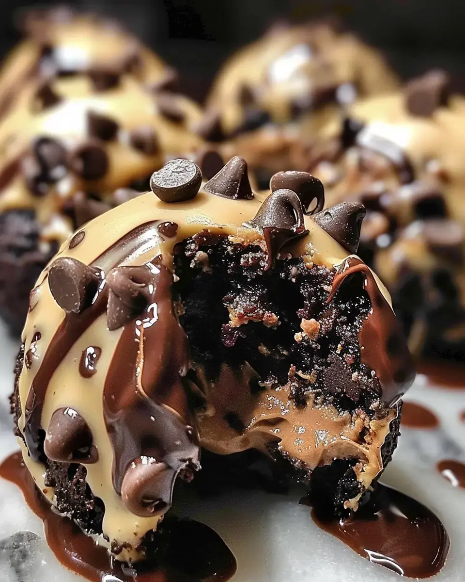 Un gros plan d'une bouchée prise dans un dessert au chocolat garni de filet de beurre de cacahuète et de pépites de chocolat, révélant une garniture riche et fondante.