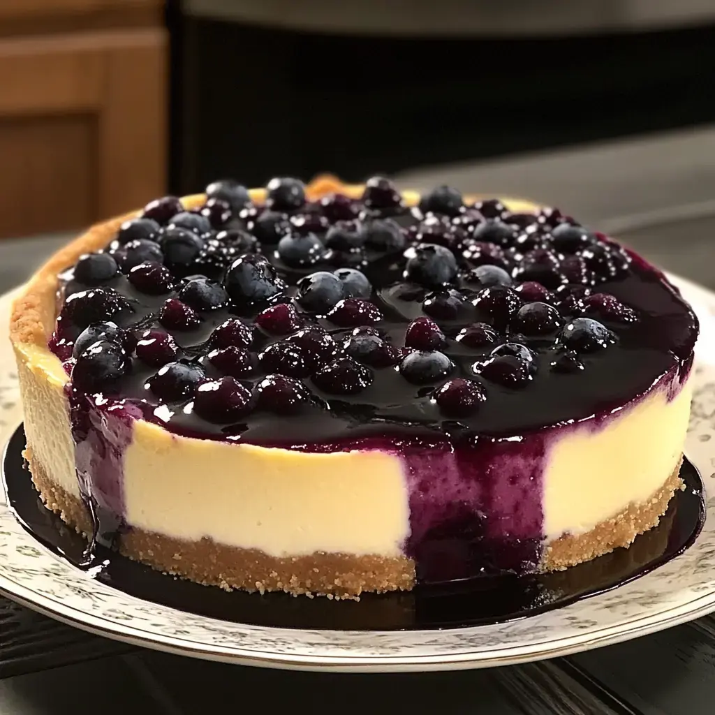 Un gâteau au fromage bien crémeux, recouvert d’une sauce aux myrtilles et de fruits frais, posé sur une jolie assiette.