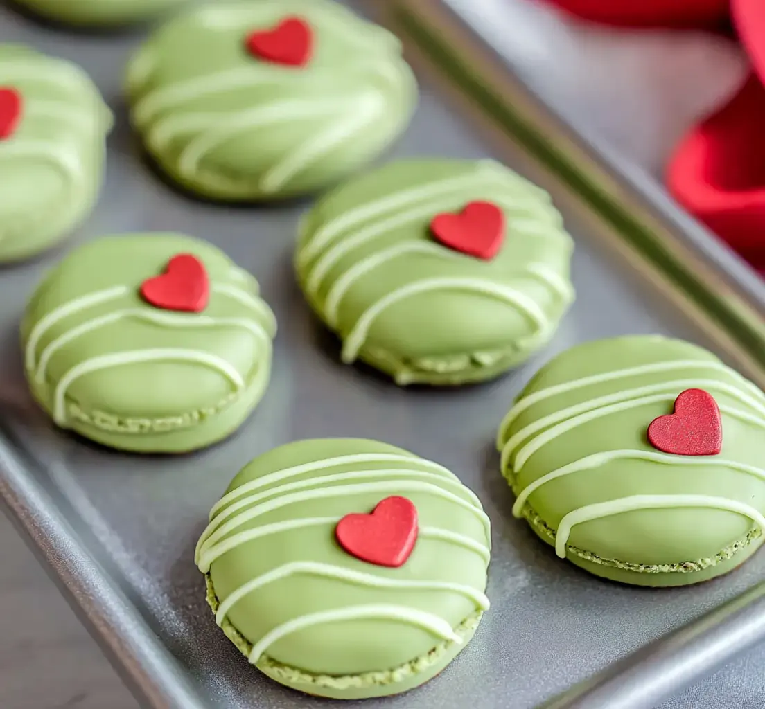 Plateau de biscuits verts style macarons avec des petits cœurs rouges et un filet de chocolat blanc.