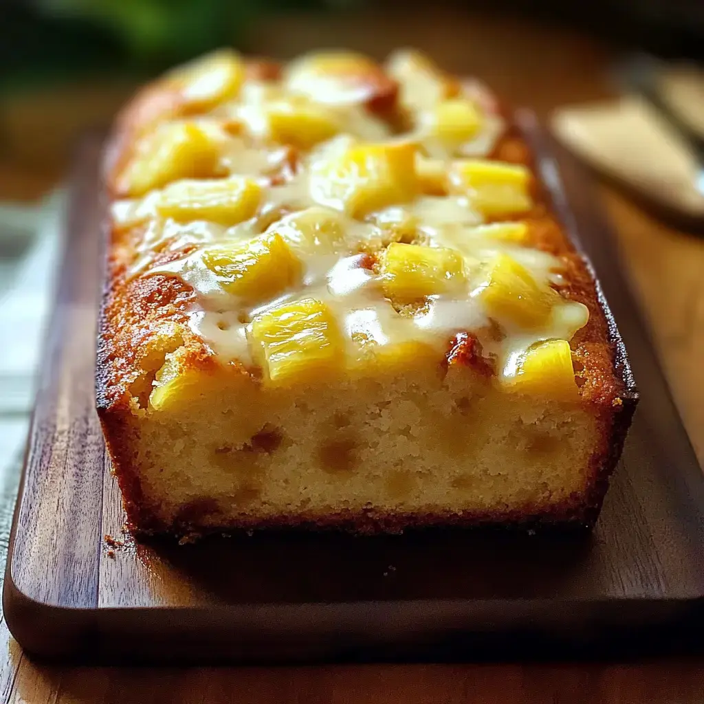 Un gâteau bien humide couvert de morceaux d’ananas et d’un glaçage brillant, posé sur une planche en bois.