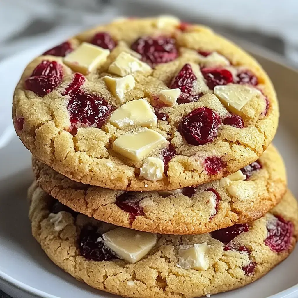 Trois gros cookies avec morceaux de chocolat blanc et baies rouges posés sur une assiette blanche.