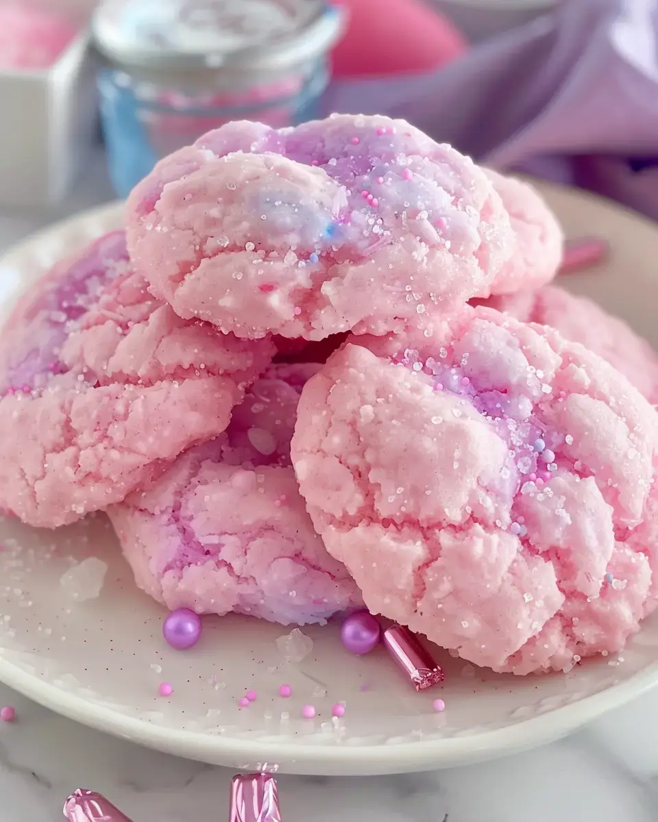 Gros plan sur des cookies roses et violets couverts de sucre coloré, entourés de petites décorations, sur une assiette blanche.