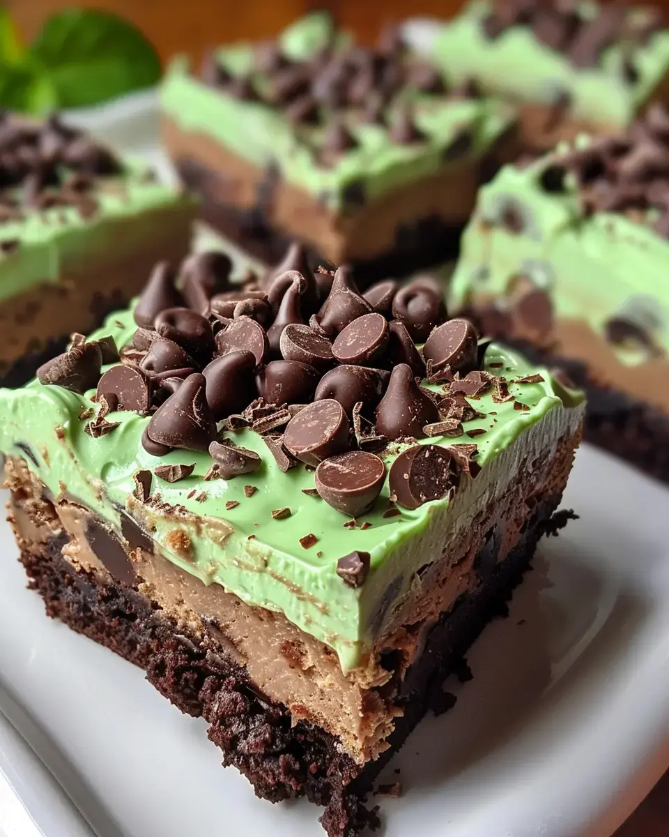 Un gros plan sur un dessert gourmand, avec une base de brownie chocolat, une mousse menthe verte en dessus, décorée de pépites de chocolat et copeaux chocolatés.