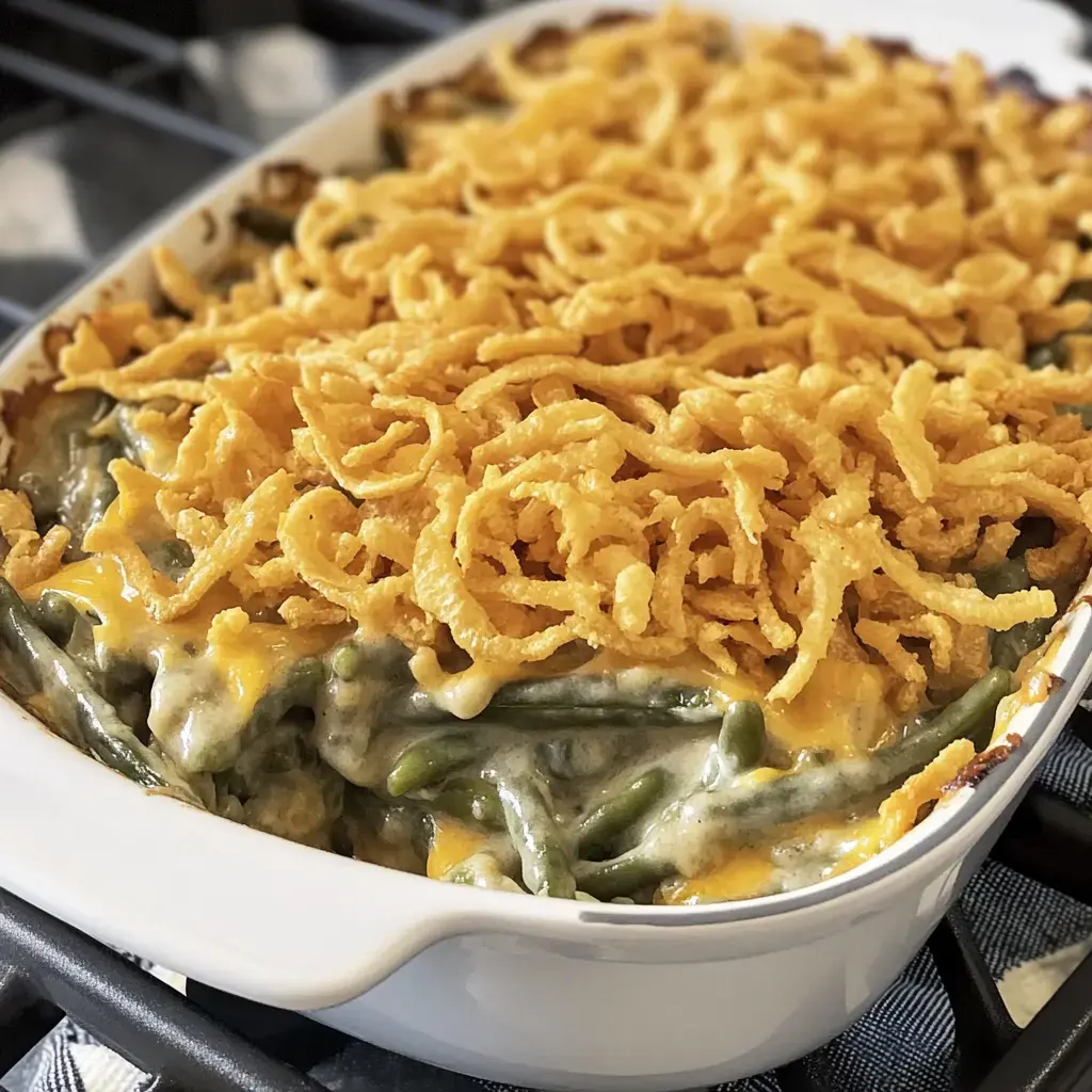 Un gratin de haricots verts crémeux recouvert d'oignons frits croustillants dans un plat à four blanc.