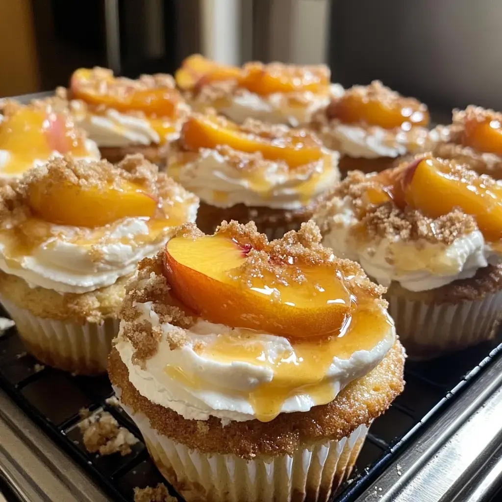 Gros plan sur des cupcakes tout juste sortis du four, nappés de chantilly, lamelles de pêche caramélisée et touche de sucre brun.