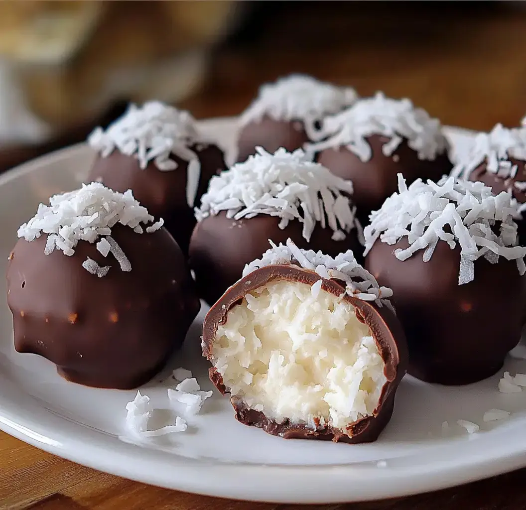 Un chocolat blanc garni à la noix de coco, recouvert de copeaux, entouré d'autres bouchées du même genre sur une assiette.