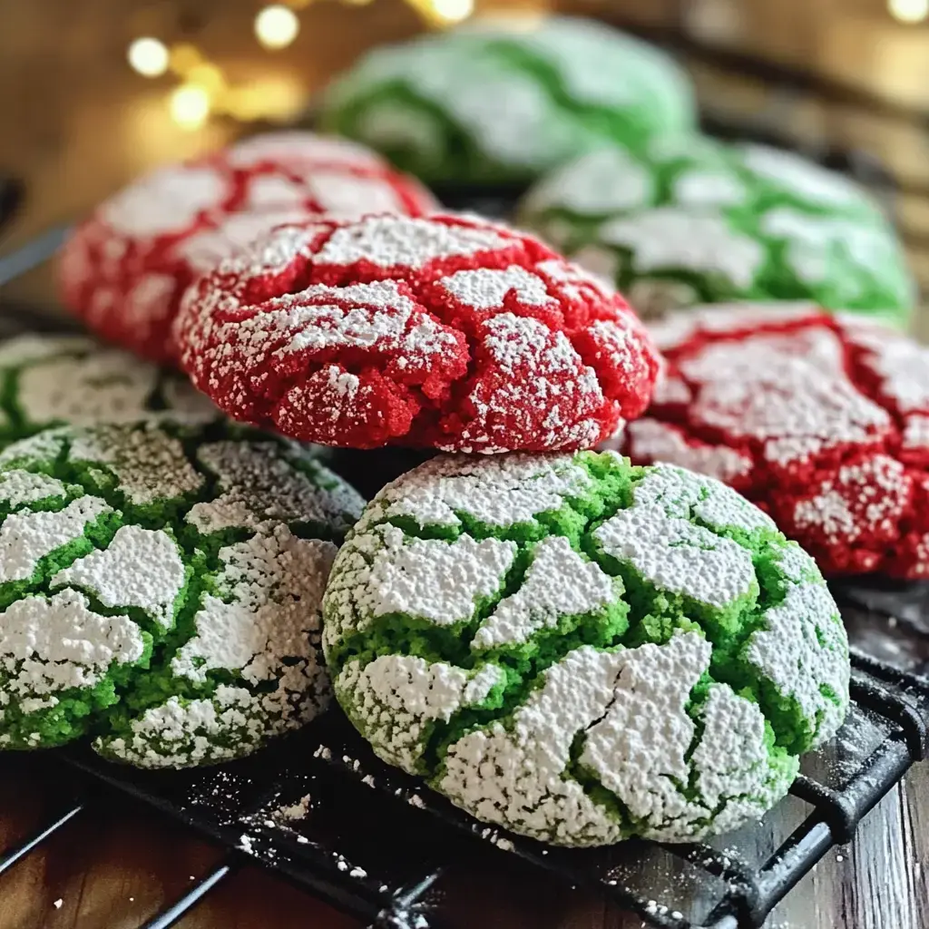 Gros plan sur des biscuits craquelés rouge, vert et blanc, nappés de sucre glace sur une grille.