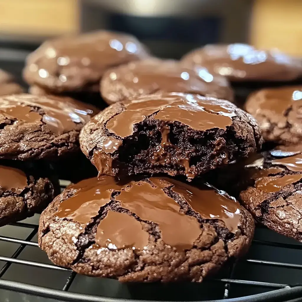 Gros plan sur des cookies au chocolat, certains ouverts laissent voir un cœur coulant, posés sur une grille.