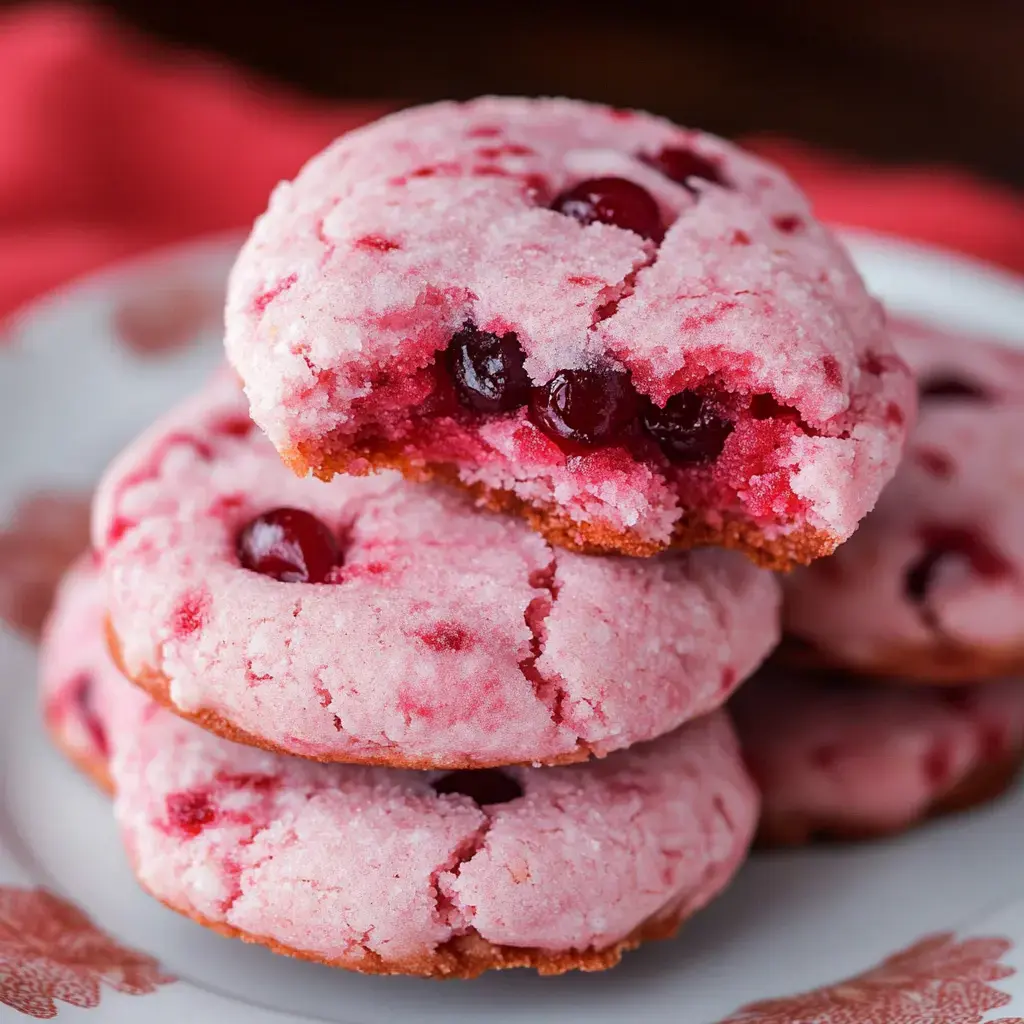Une pile de biscuits roses avec des morceaux de canneberge visibles, dont un entamé, posés sur une assiette décorative.