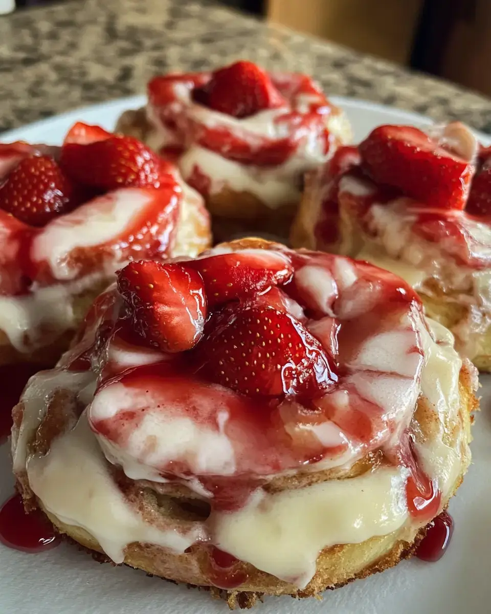 Gros plan sur quatre roulés à la cannelle garnis de crème au fromage, coulis de fraises et morceaux de fraises fraîches sur une assiette blanche.