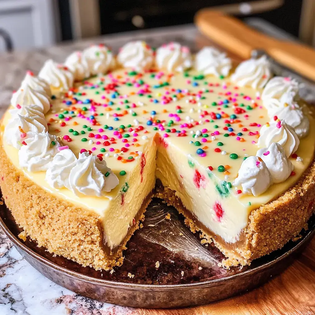 Une tarte fromage crémeuse et colorée sur une base biscuitée, décorée de chantilly et de petites billes, une part déjà coupée.