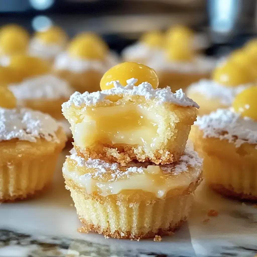 Un gros plan sur des mini gâteaux remplis de citron, saupoudrés de sucre glace et décorés d’un bonbon jaune, on devine la crème à l’intérieur d’un gâteau coupé en deux.
