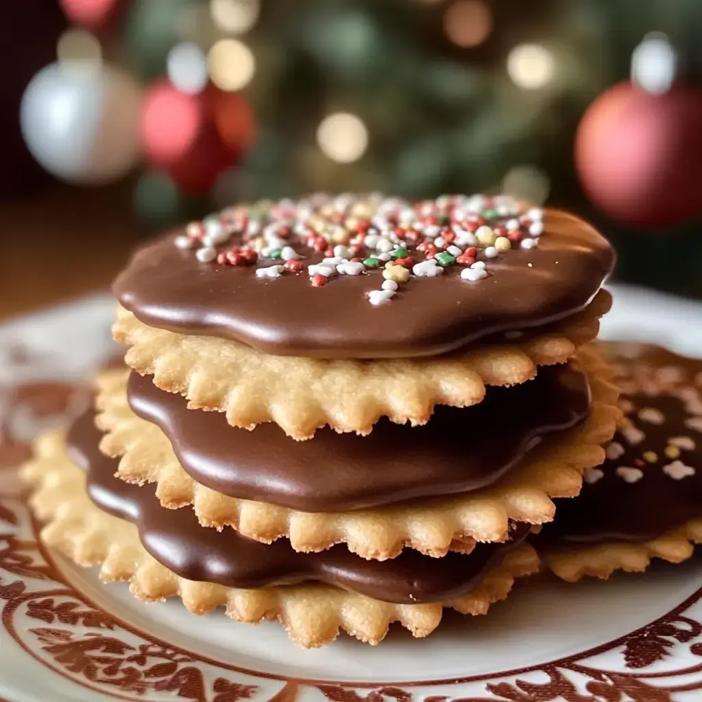 Une pile de biscuits au chocolat, décorés de confettis colorés, sur une assiette festive avec un fond flouté de Noël.