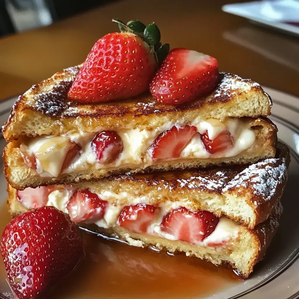 Une pile de pain perdu garni de fraises et de crème, saupoudrée de sucre glace et décorée de fraises entières, posée sur une assiette.
