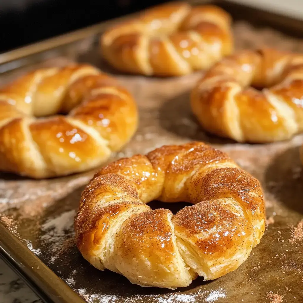 Des pâtisseries fraîchement cuites, glacées et en forme d'anneaux sont disposées sur une plaque de cuisson.