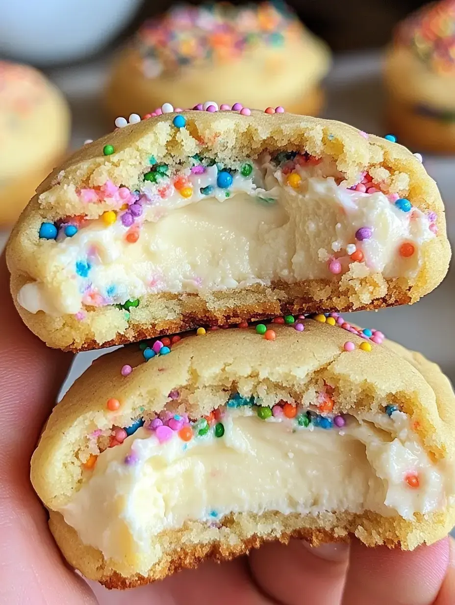 Une main tient deux moitiés de cookie, montrant une garniture fondante et des éclats colorés à l’intérieur.