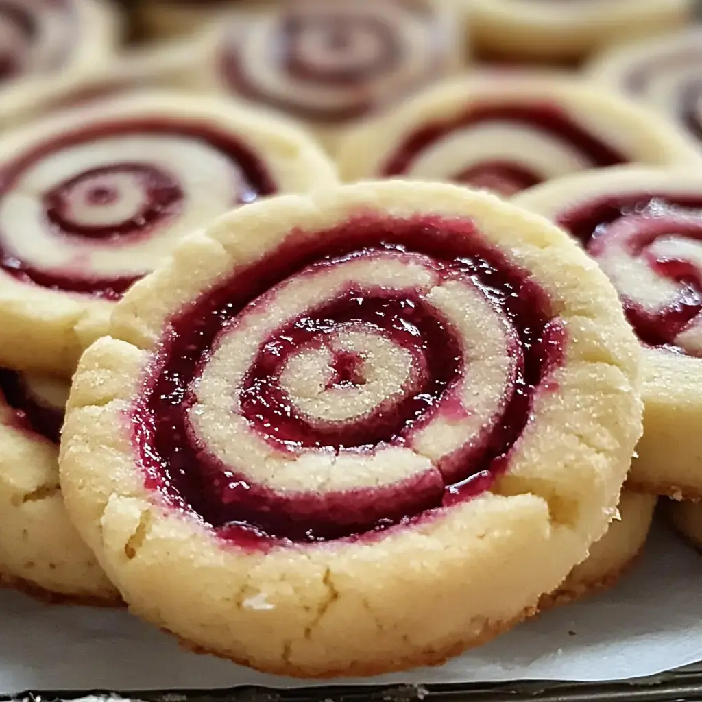 Zoom sur des biscuits roulés avec une spirale de confiture bien rouge au centre.