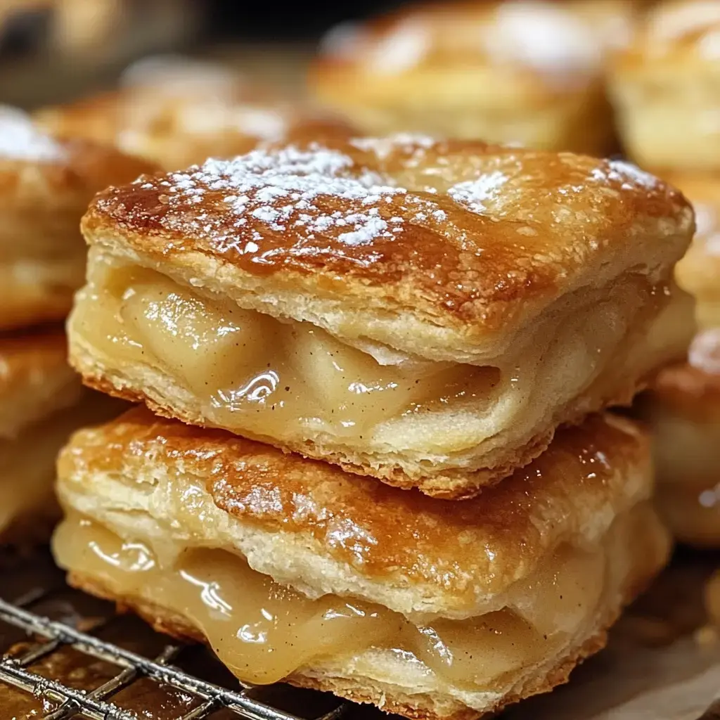 Une pile de biscuits feuilletés garnis de pommes dorées brillantes, saupoudrés de sucre glace.
