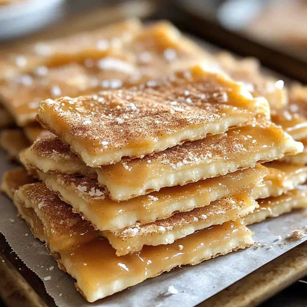 Des petits carrés dorés nappés de caramel et poudrés de cannelle, bien alignés sur une plaque de cuisson.
