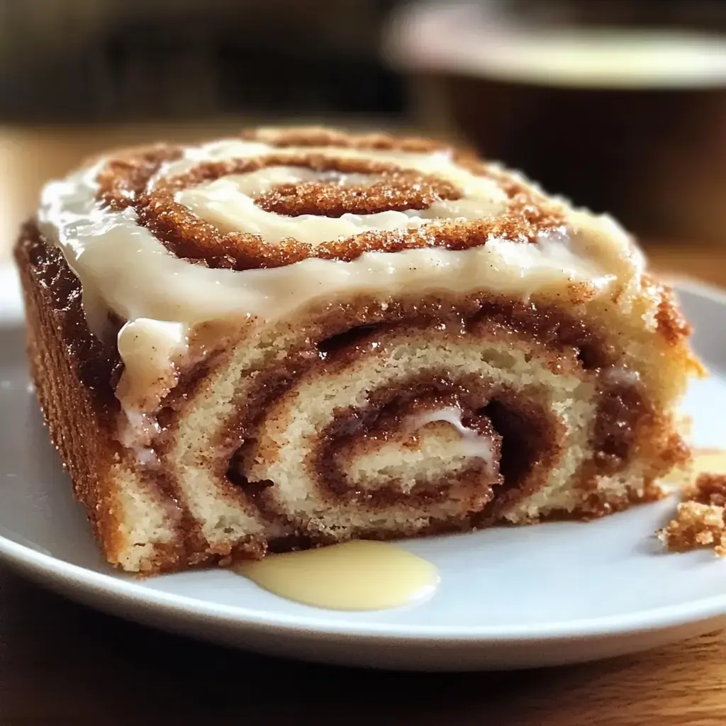 Une part de gâteau roulé à la cannelle nappée de glaçage sur une assiette blanche, on voit bien les spirales gourmandes à l'intérieur.