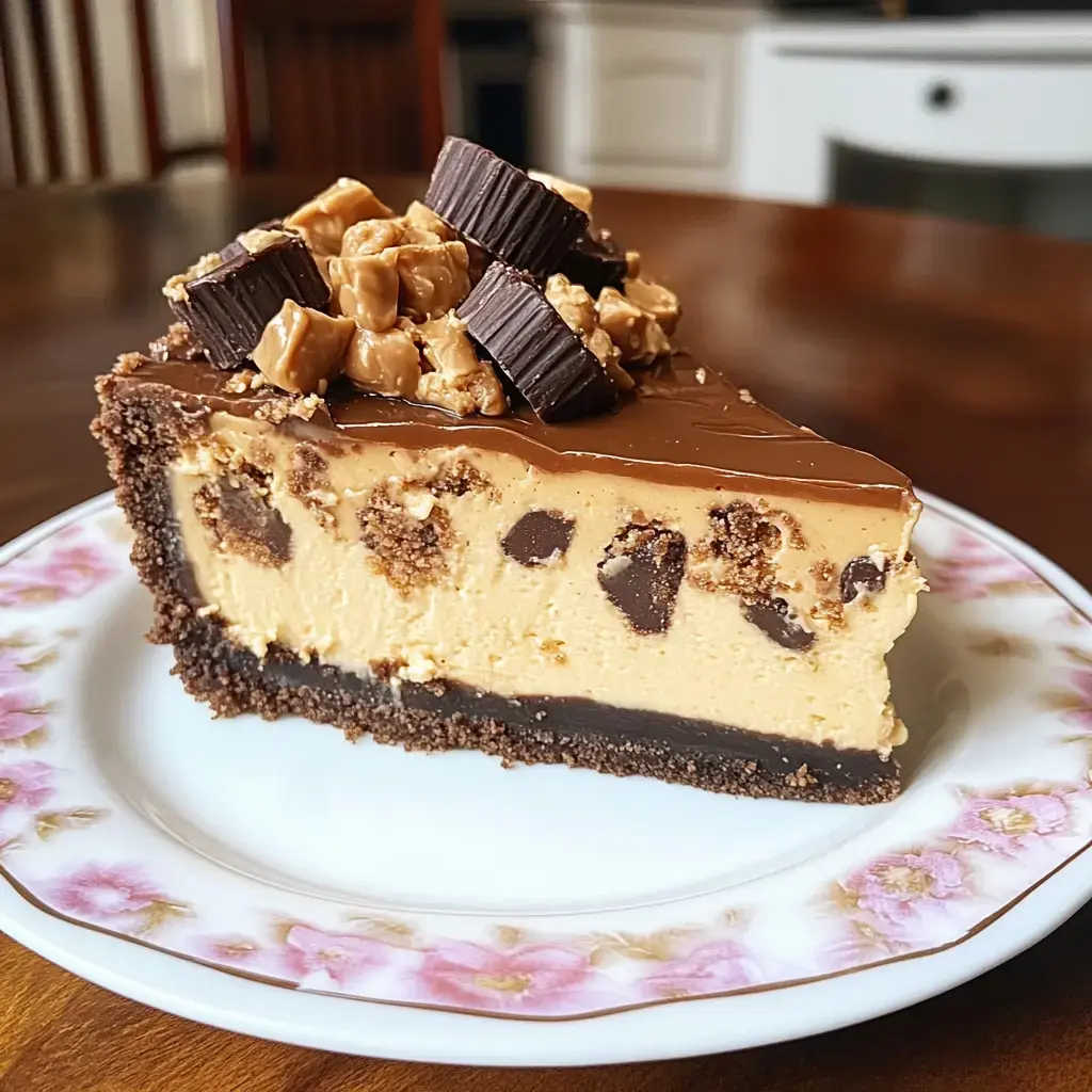 Une part de gâteau façon cheesecake garnie de chocolat, cacahuètes concassées et morceaux de bonbon chocolaté, posée sur une assiette à fleurs.