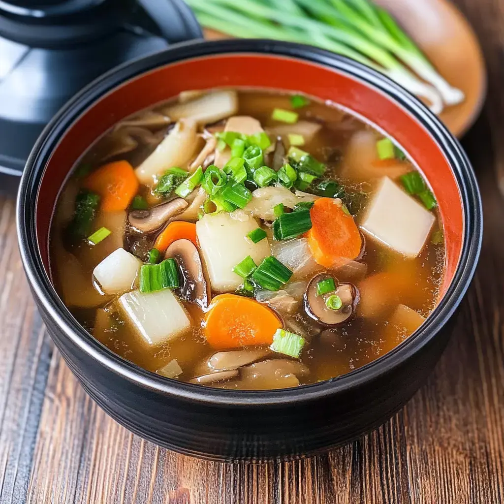 Un bol de soupe aux légumes avec des carottes en dés, des champignons et de l'oignon nouveau dans un bouillon clair.