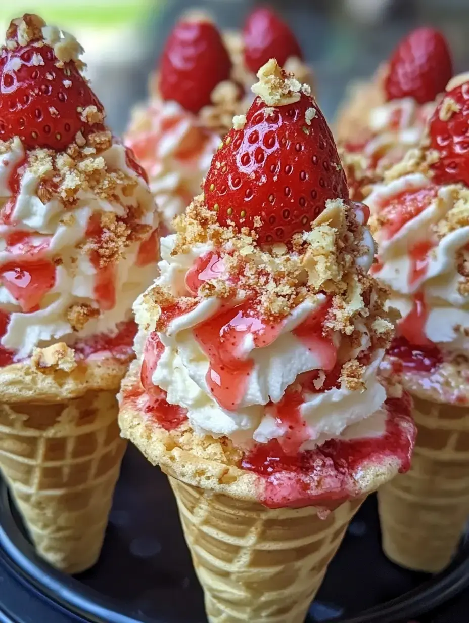 Gros plan sur des cornets glacés avec crème fouettée, fraises et éclats croustillants.