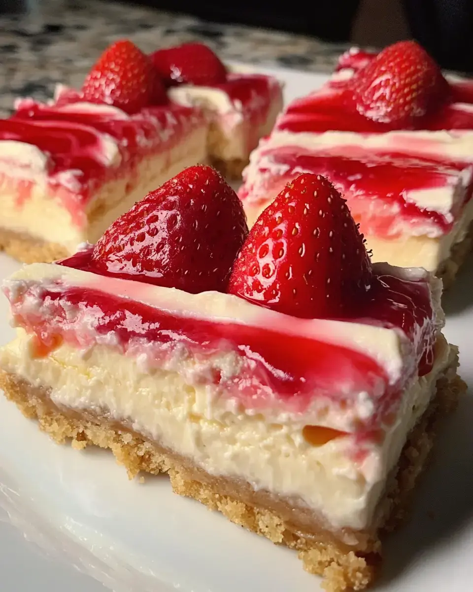 Un gros plan d'un carré de dessert crémeux garni de fraises et d'un nappage rouge brillant sur une base de biscuits.