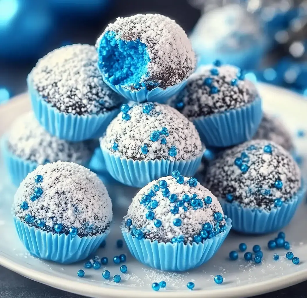 Une assiette de truffes au chocolat parsemées de sucre glace et décorées de paillettes bleues, dont une montre un intérieur bleu éclatant.