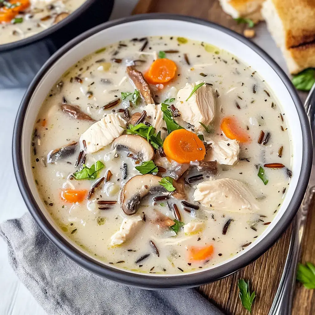 Un bol de soupe onctueuse au poulet et riz sauvage garni de carottes, champignons, persil, avec une tartine grillée à côté.