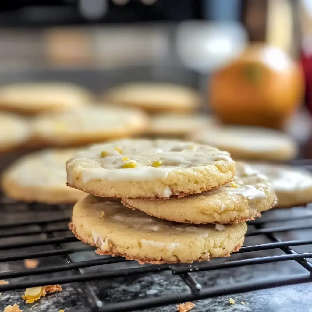Trois biscuits givrés empilés sur une grille avec des paillettes jaunes, d’autres biscuits et une orange posée derrière.
