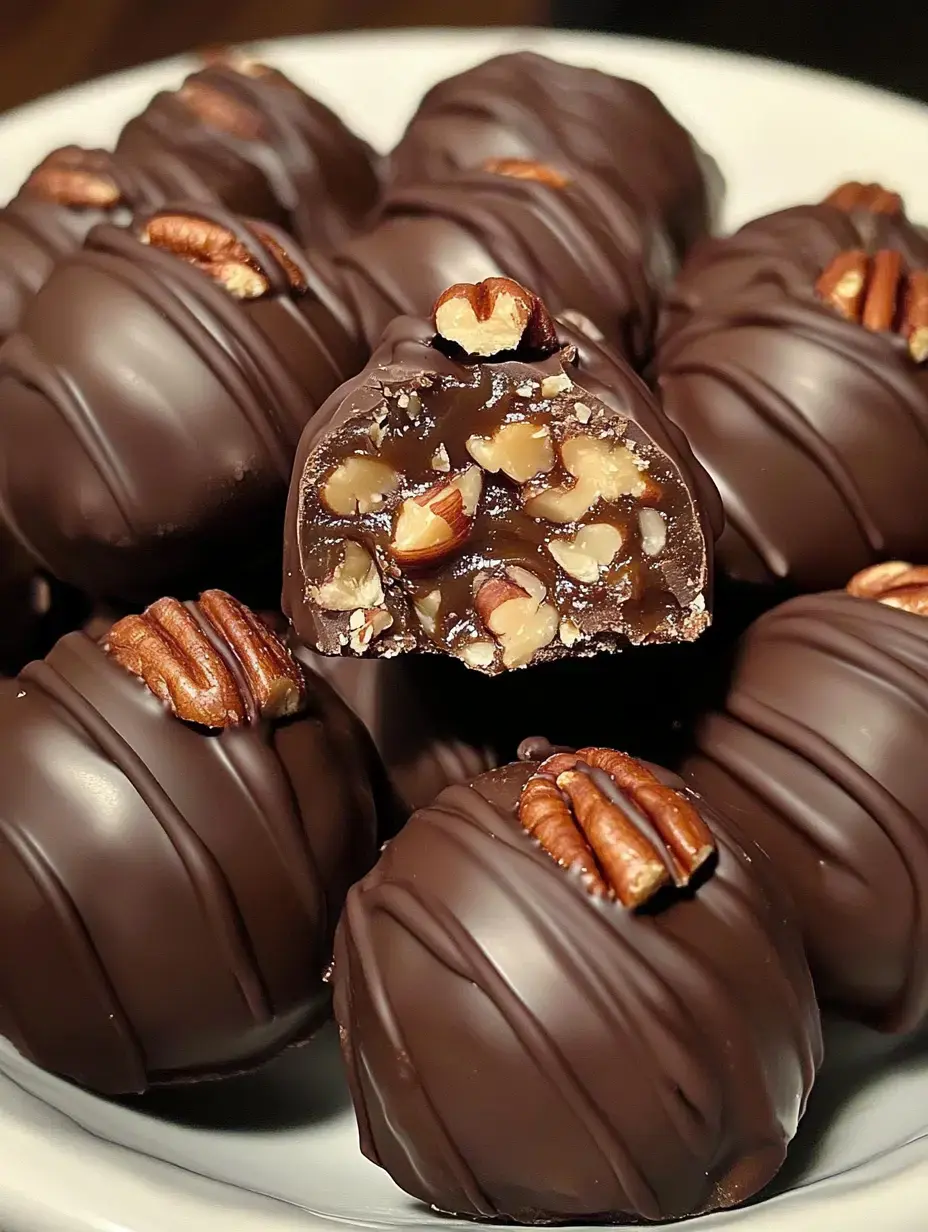 Une assiette de bonbons enrobés de chocolat, au cœur de noix, dont un est coupé en deux pour montrer l’intérieur.
