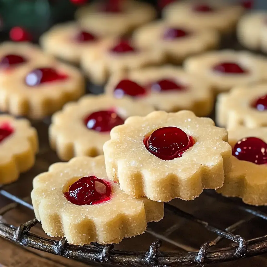 Zoom sur une grille remplie de sablés fleurs recouverts d’une confiture de cerise rouge brillante.