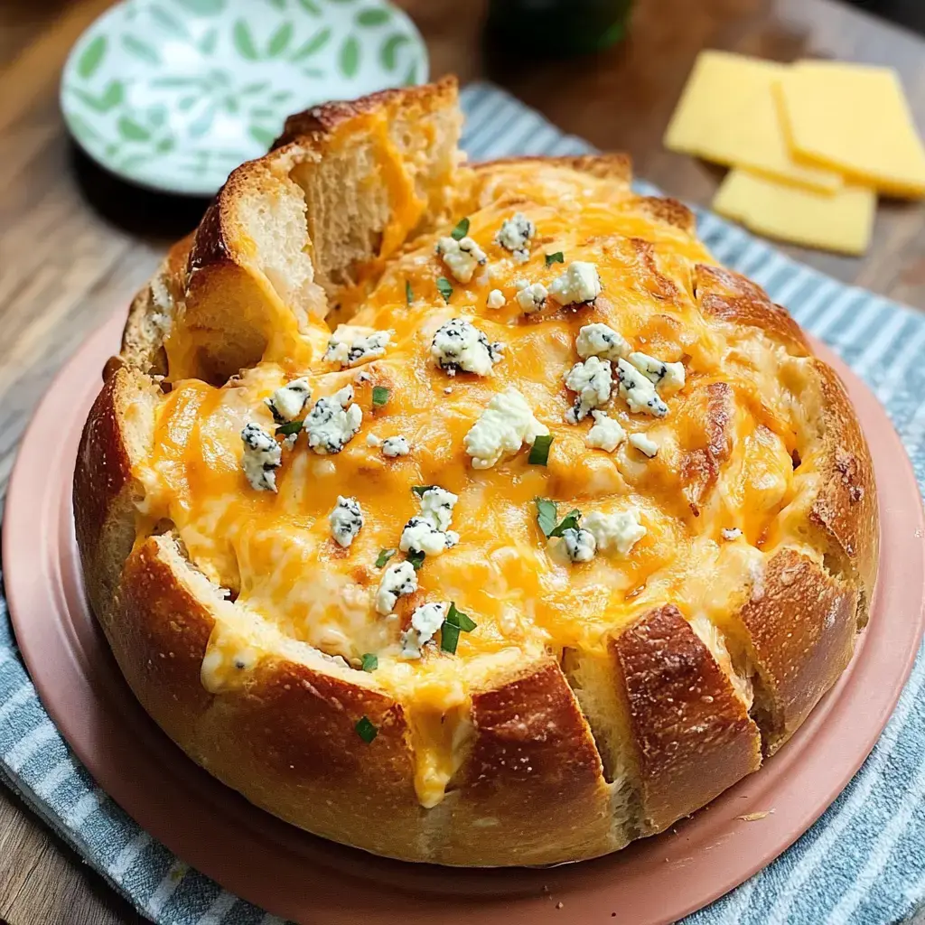 Une jolie miche remplie de fromage fondant avec des morceaux de bleu et un peu d’herbes dessus, prête à être dégustée.