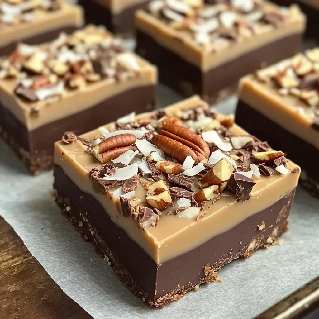 Gros plan sur des carrés chocolatés superposés couverts de noix hachées, copeaux de noix de coco et morceaux de chocolat.